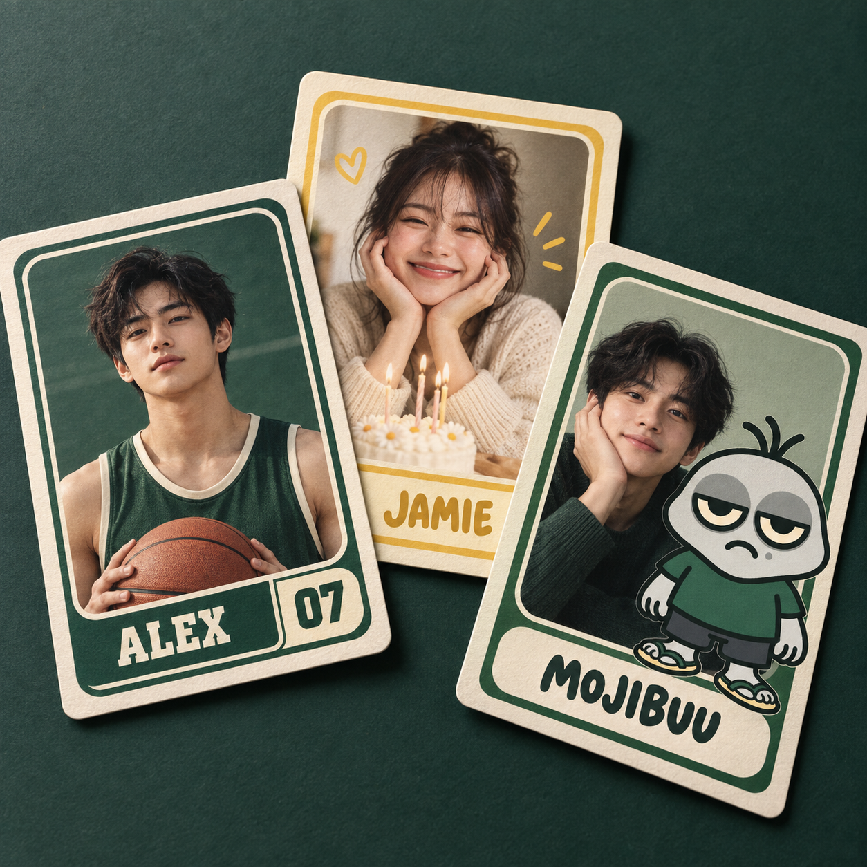 Design concept showing sports, birthday and Mojibuu companion photo cards